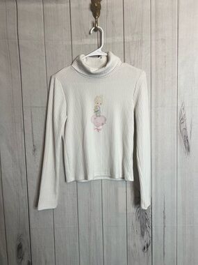 Forever 21 White Ribbed Turtleneck with Pastel Character Graphic
